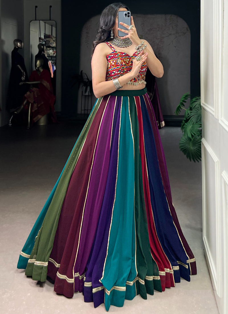 Ganthi Embroidered Real Mirror Georgette Multi Color Lehenga Choli