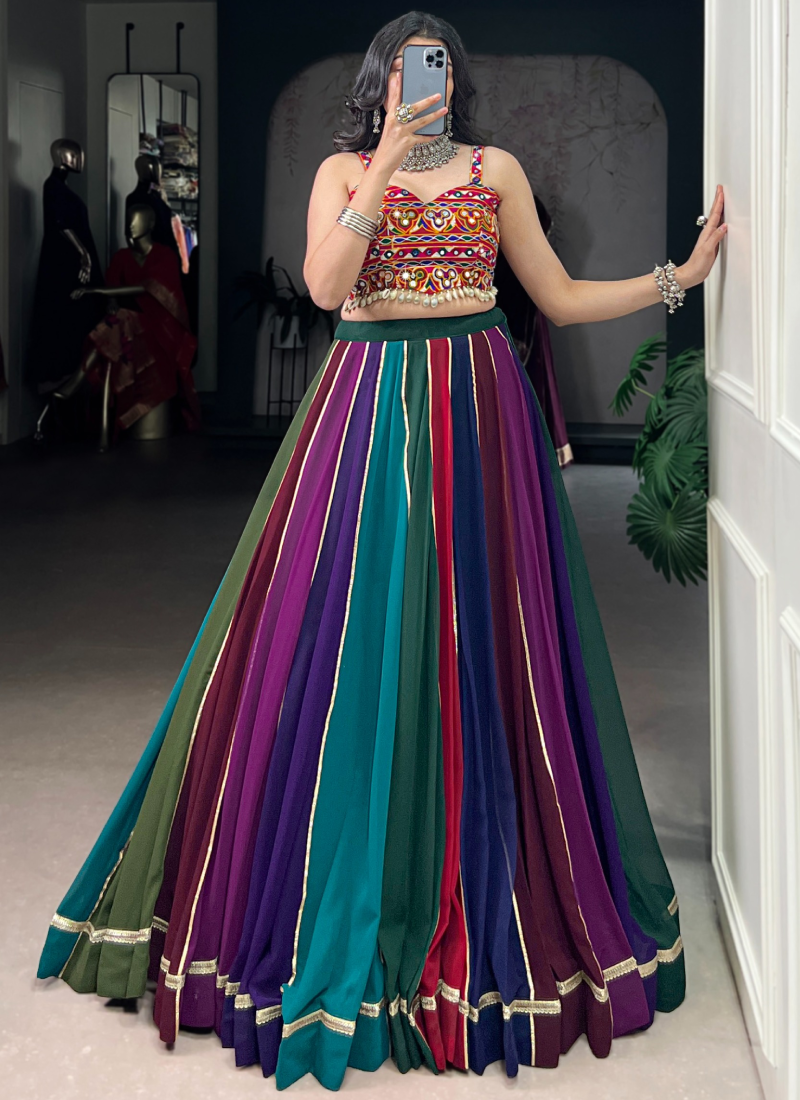 Ganthi Embroidered Real Mirror Georgette Multi Color Lehenga Choli