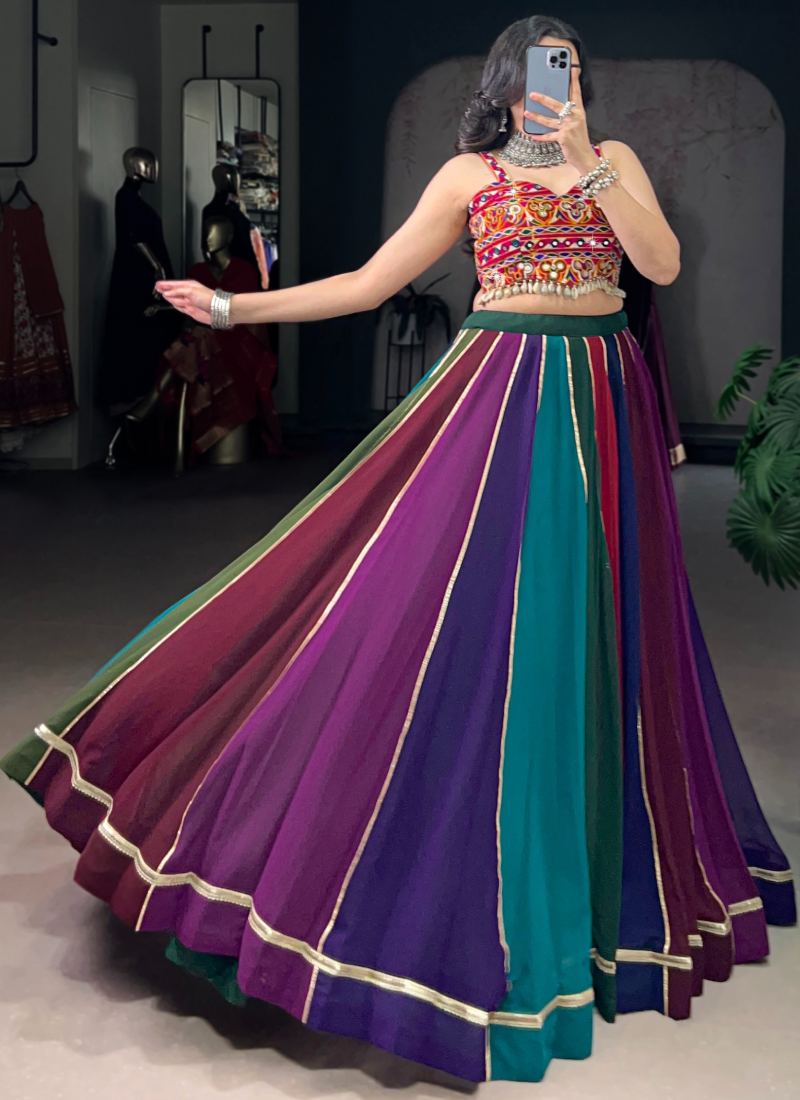 Ganthi Embroidered Real Mirror Georgette Multi Color Lehenga Choli
