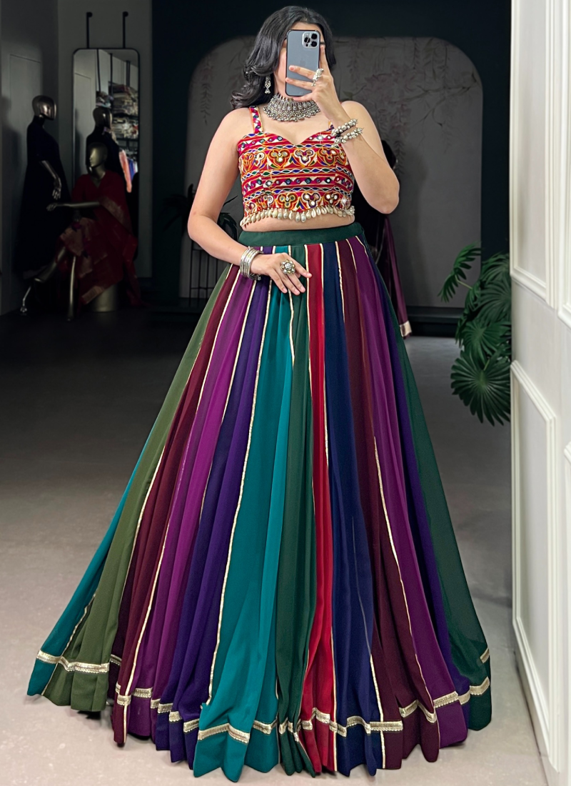 Ganthi Embroidered Real Mirror Georgette Multi Color Lehenga Choli