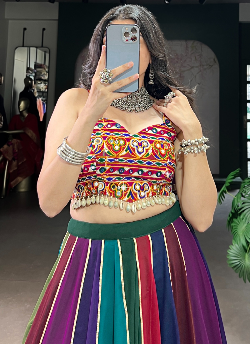 Ganthi Embroidered Real Mirror Georgette Multi Color Lehenga Choli