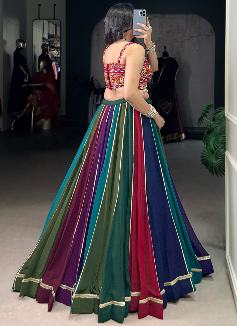 Ganthi Embroidered Real Mirror Georgette Multi Color Lehenga Choli