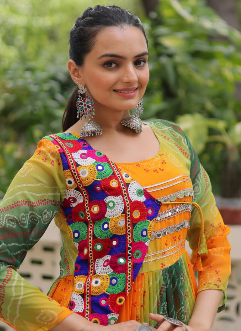 Georgette Bandhani Print Gamthi Work Multi Green Navratri Special Gown