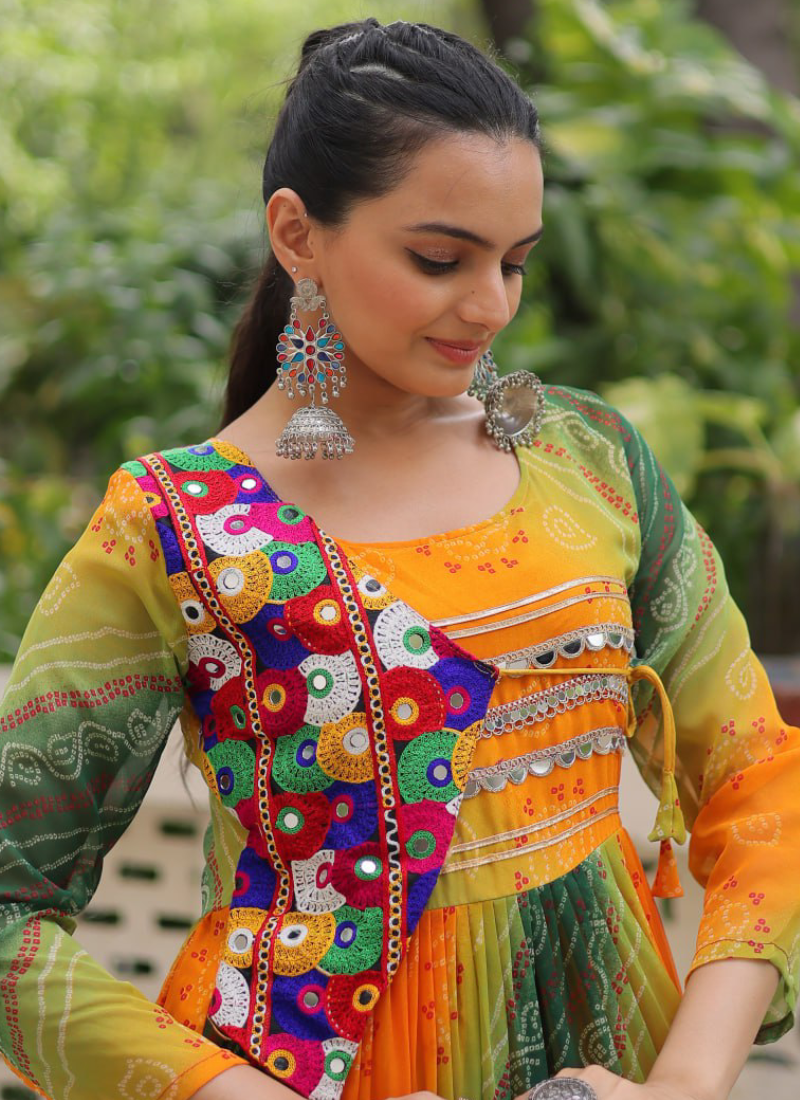 Georgette Bandhani Print Gamthi Work Multi Green Navratri Special Gown