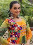 Georgette Bandhani Print Gamthi Work Multi Green Navratri Special Gown