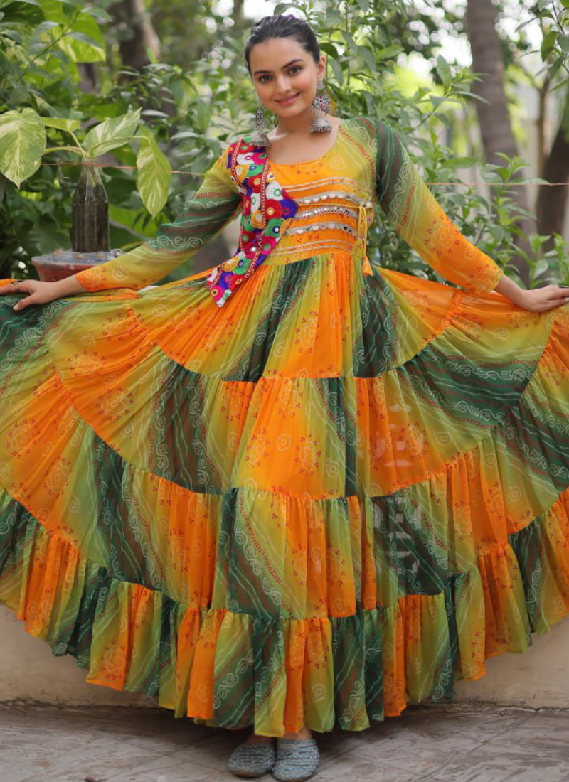 Georgette Bandhani Print Gamthi Work Multi Green Navratri Special Gown