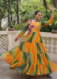 Georgette Bandhani Print Gamthi Work Multi Green Navratri Special Gown