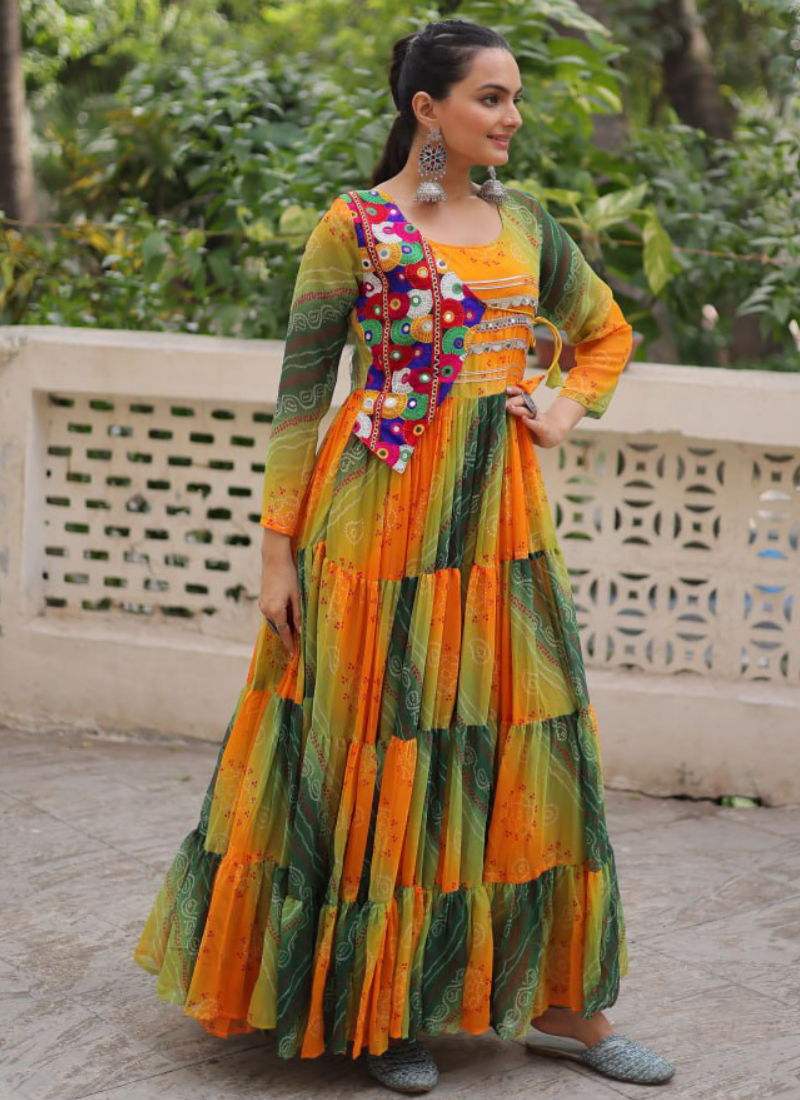 Georgette Bandhani Print Gamthi Work Multi Green Navratri Special Gown