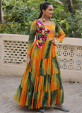 Georgette Bandhani Print Gamthi Work Multi Green Navratri Special Gown