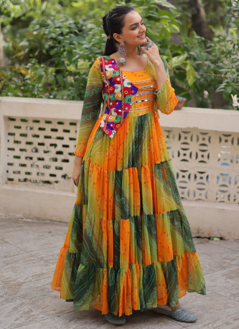 Georgette Bandhani Print Gamthi Work Multi Green Navratri Special Gown