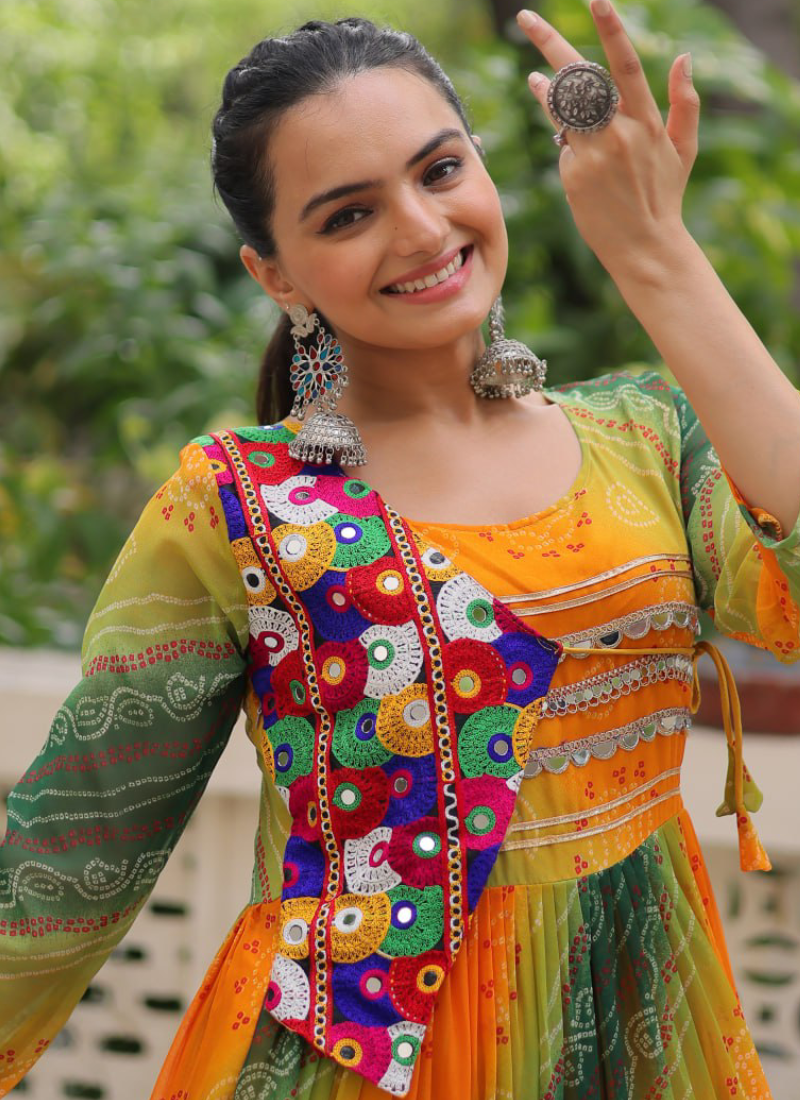 Georgette Bandhani Print Gamthi Work Multi Green Navratri Special Gown