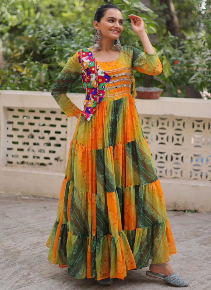 Georgette Bandhani Print Gamthi Work Multi Green Navratri Special Gown