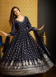 Foil Print Navy Blue Indian Wear Anarkali Gown With Dupatta