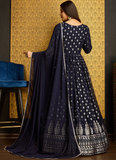 Foil Print Navy Blue Indian Wear Anarkali Gown With Dupatta