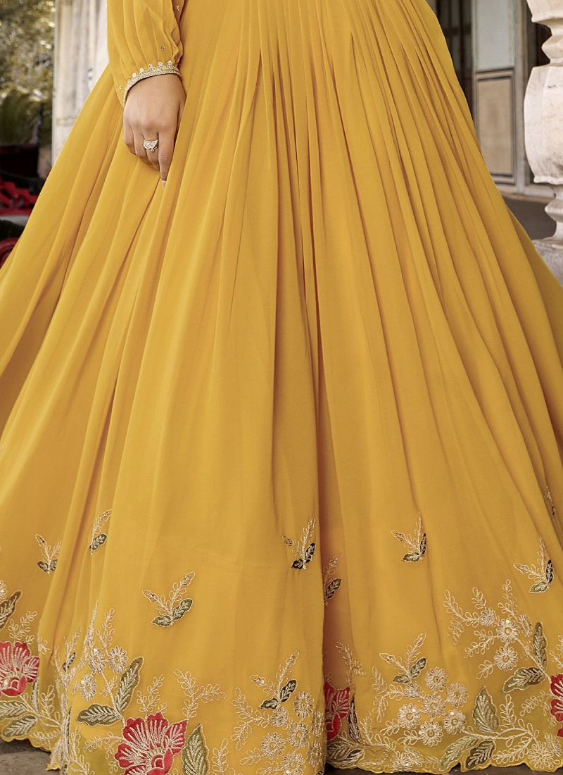 Georgette Embroidered Designer Haldi Special Yellow Crop Top Lehenga