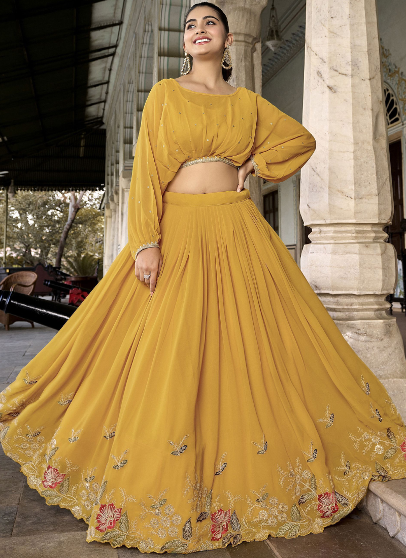 Georgette Embroidered Designer Haldi Special Yellow Crop Top Lehenga