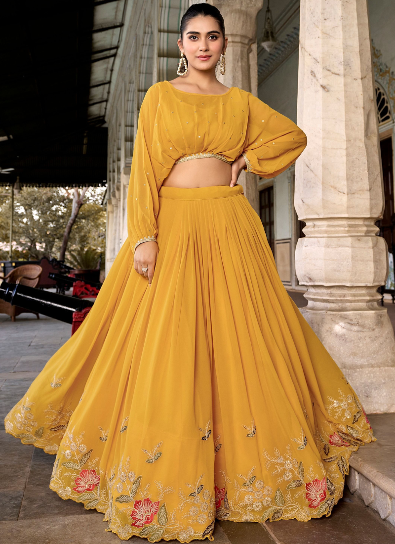 Georgette Embroidered Designer Haldi Special Yellow Crop Top Lehenga