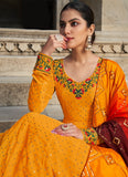 Georgette Embroidery Work Yellow Gown With Shaded Dupatta