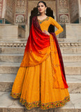 Georgette Embroidery Work Yellow Gown With Shaded Dupatta