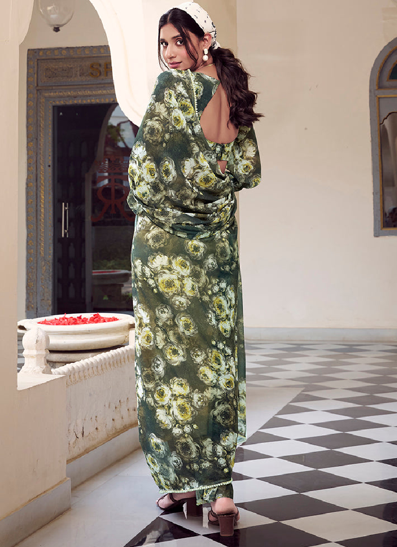 Georgette Floral Printed Green Saree With Blouse For Mehendi Ceremony