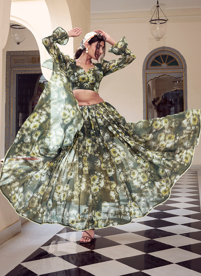 Georgette Floral Printed Green Saree With Blouse For Mehendi Ceremony