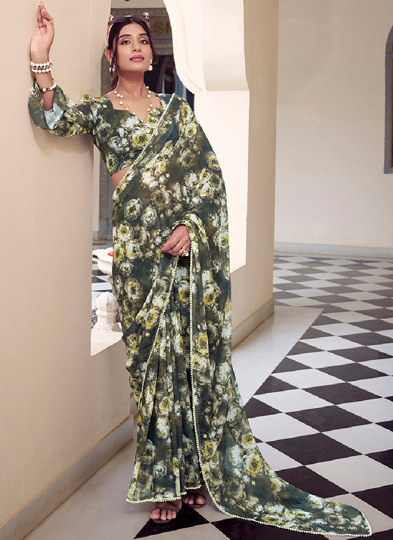 Georgette Floral Printed Green Saree With Blouse For Mehendi Ceremony