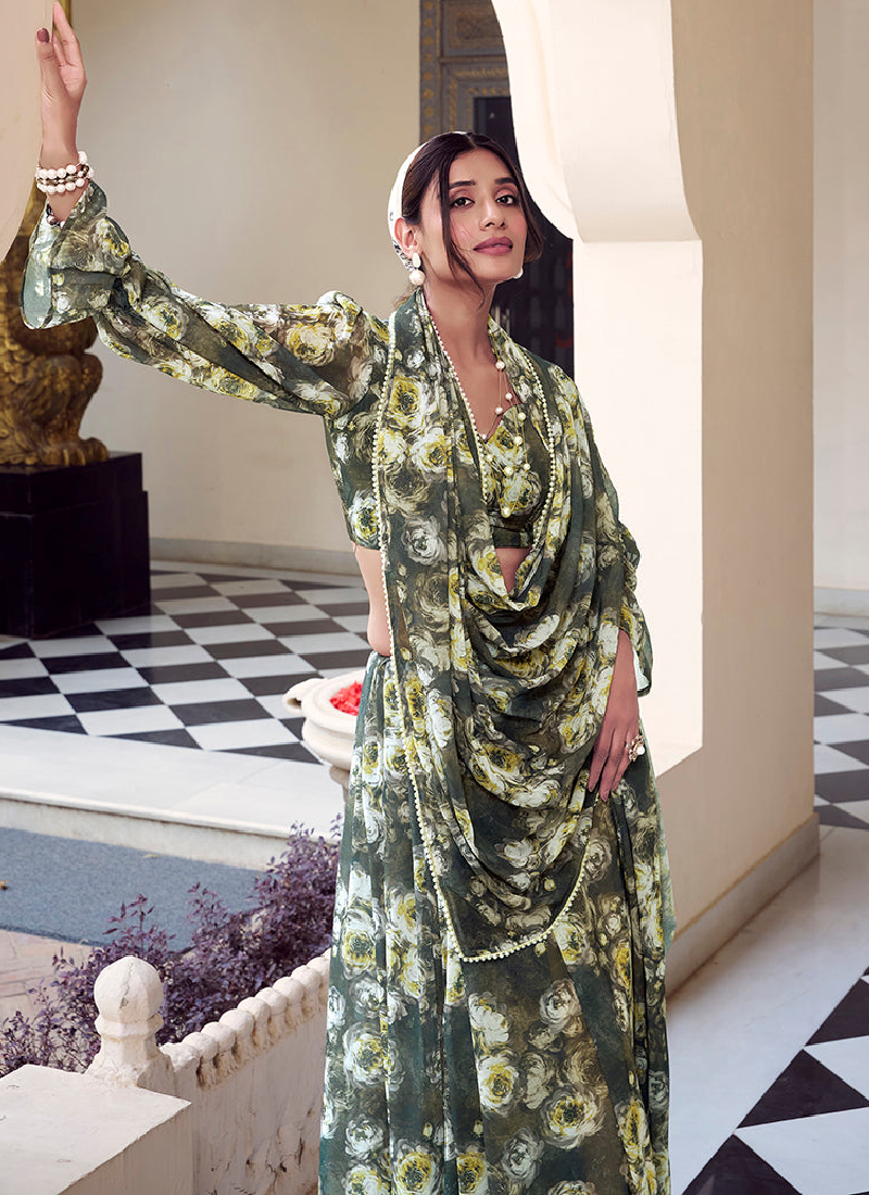 Georgette Floral Printed Green Saree With Blouse For Mehendi Ceremony