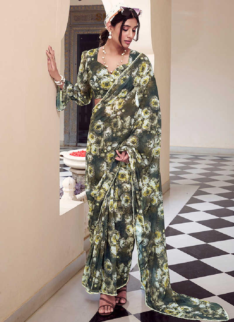 Georgette Floral Printed Green Saree With Blouse For Mehendi Ceremony