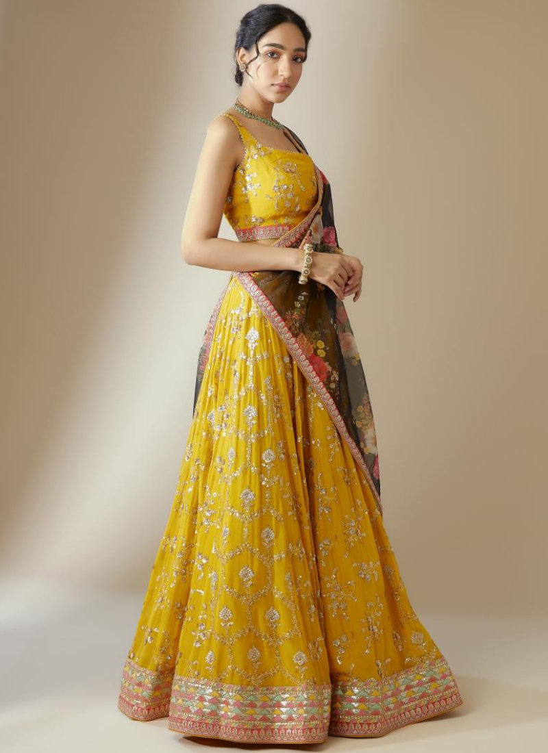 Georgette Floral Sequence Work Haldi Special Yellow Lehenga Choli