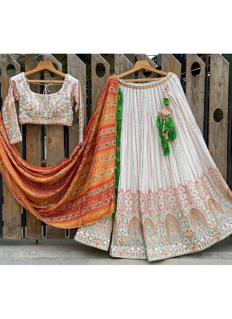 Georgette Multi Thread Work White Lehenga Choli For Occasions