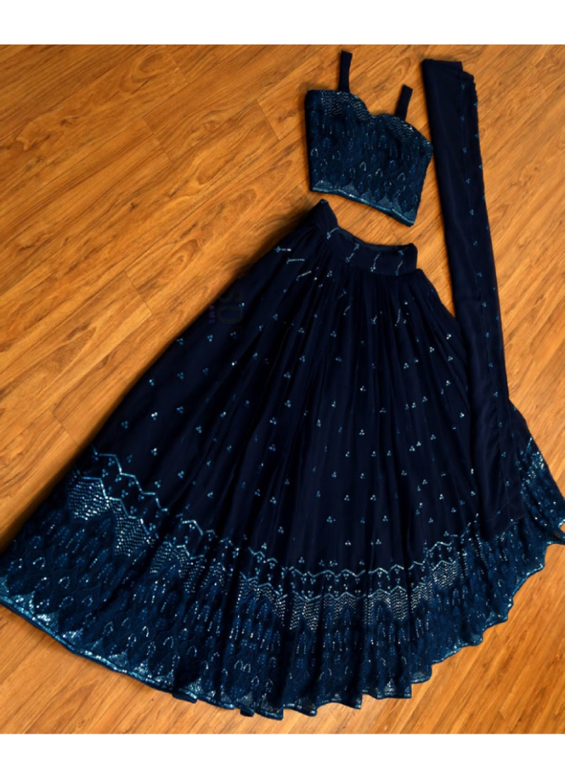  Georgette Party Wear Navy Blue Sequence Work Lehenga Choli