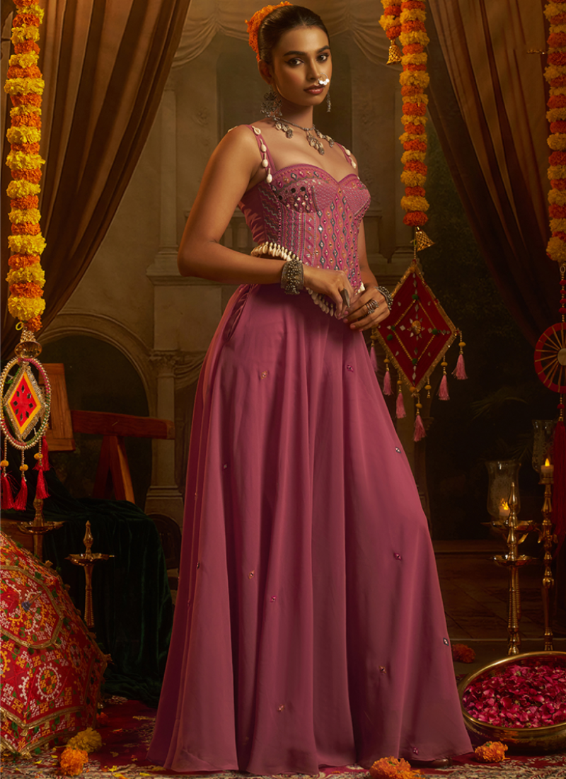 Georgette Pink Thread Mirror Embroidered Crop Top With Palazzo