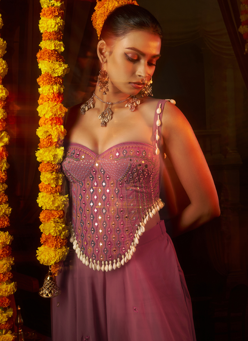 Georgette Pink Thread Mirror Embroidered Crop Top With Palazzo