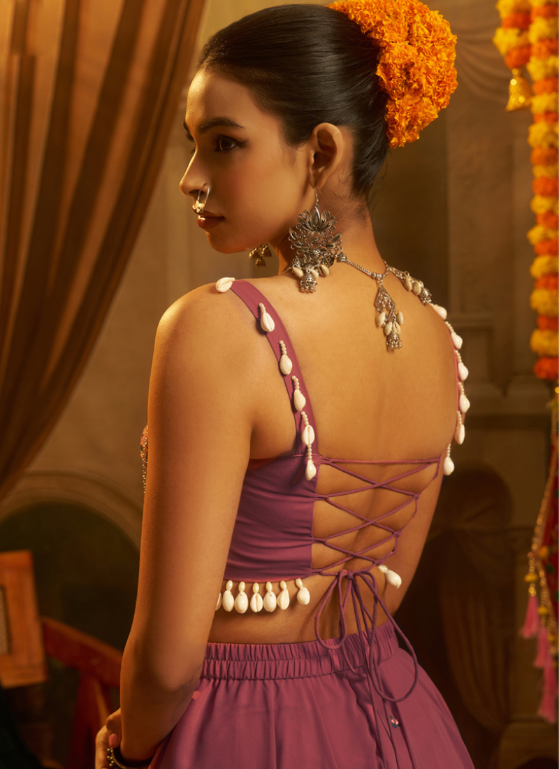 Georgette Pink Thread Mirror Embroidered Crop Top With Palazzo