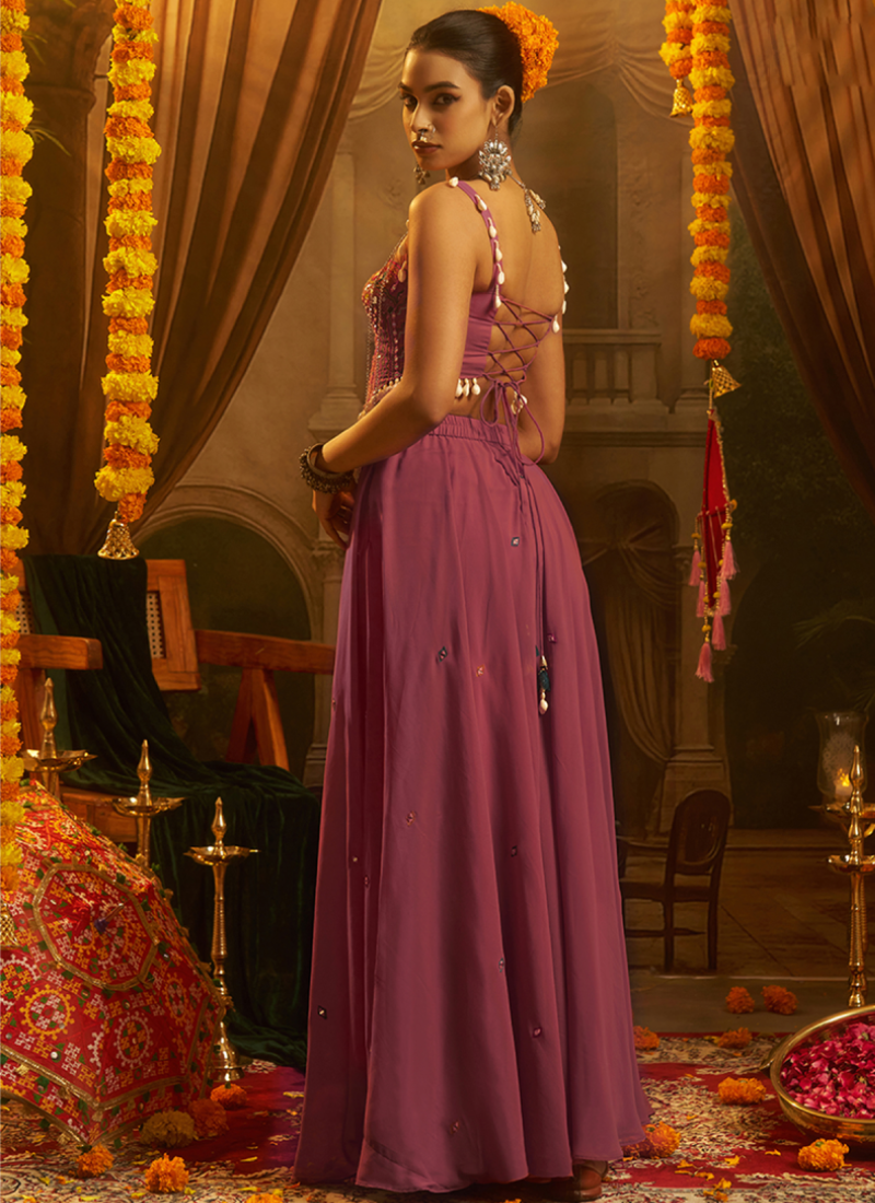 Georgette Pink Thread Mirror Embroidered Crop Top With Palazzo