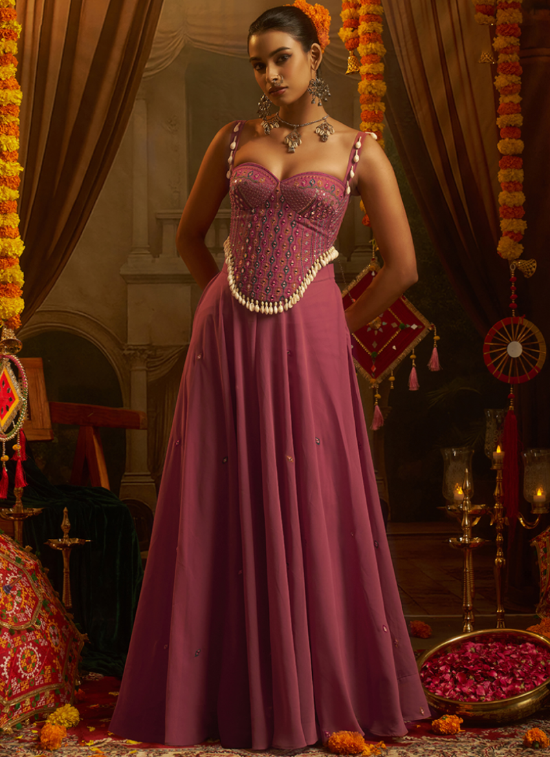 Georgette Pink Thread Mirror Embroidered Crop Top With Palazzo
