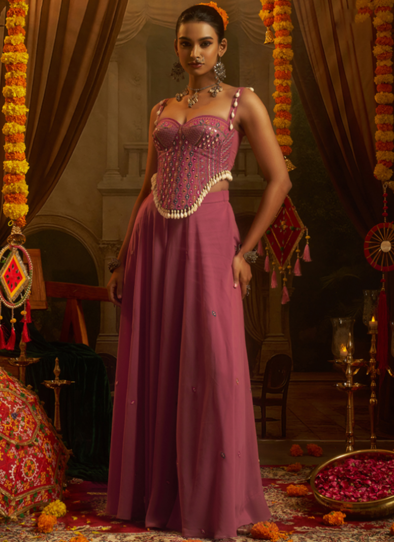 Georgette Pink Thread Mirror Embroidered Crop Top With Palazzo