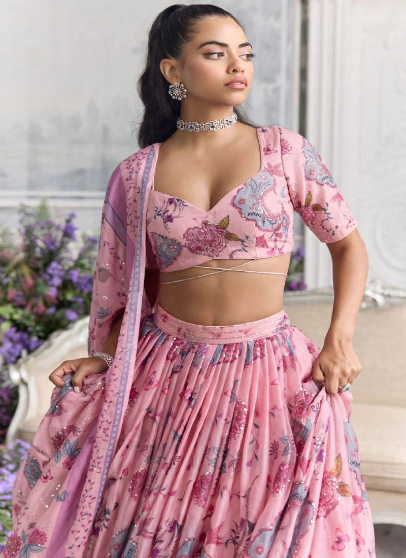 Georgette Pretty Pink Sequence Work Printed Lehenga Set For Bridesmaid