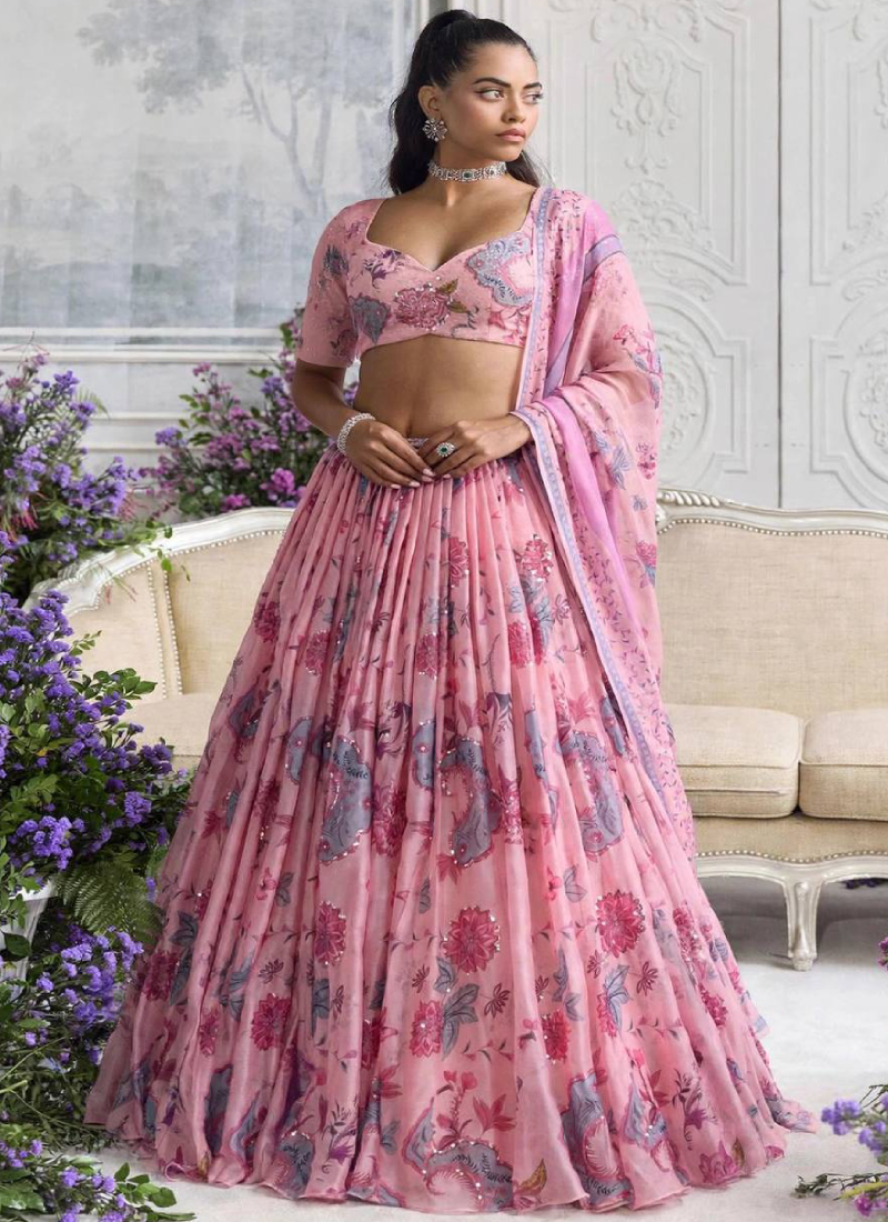 Georgette Pretty Pink Sequence Work Printed Lehenga Set For Bridesmaid