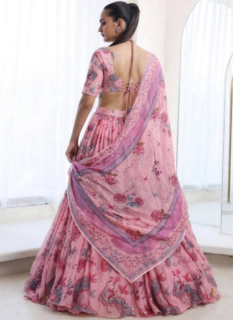 Georgette Pretty Pink Sequence Work Printed Lehenga Set For Bridesmaid