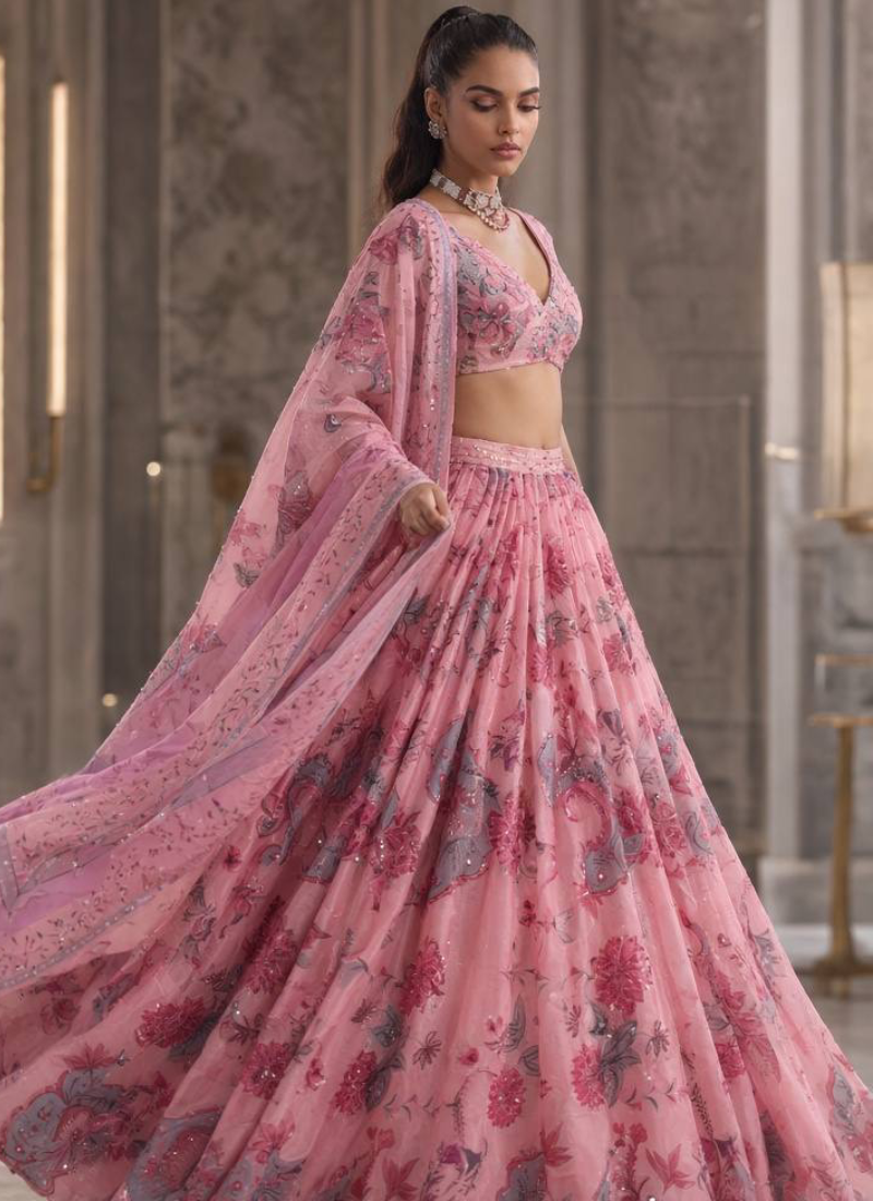 Georgette Pretty Pink Sequence Work Printed Lehenga Set For Bridesmaid