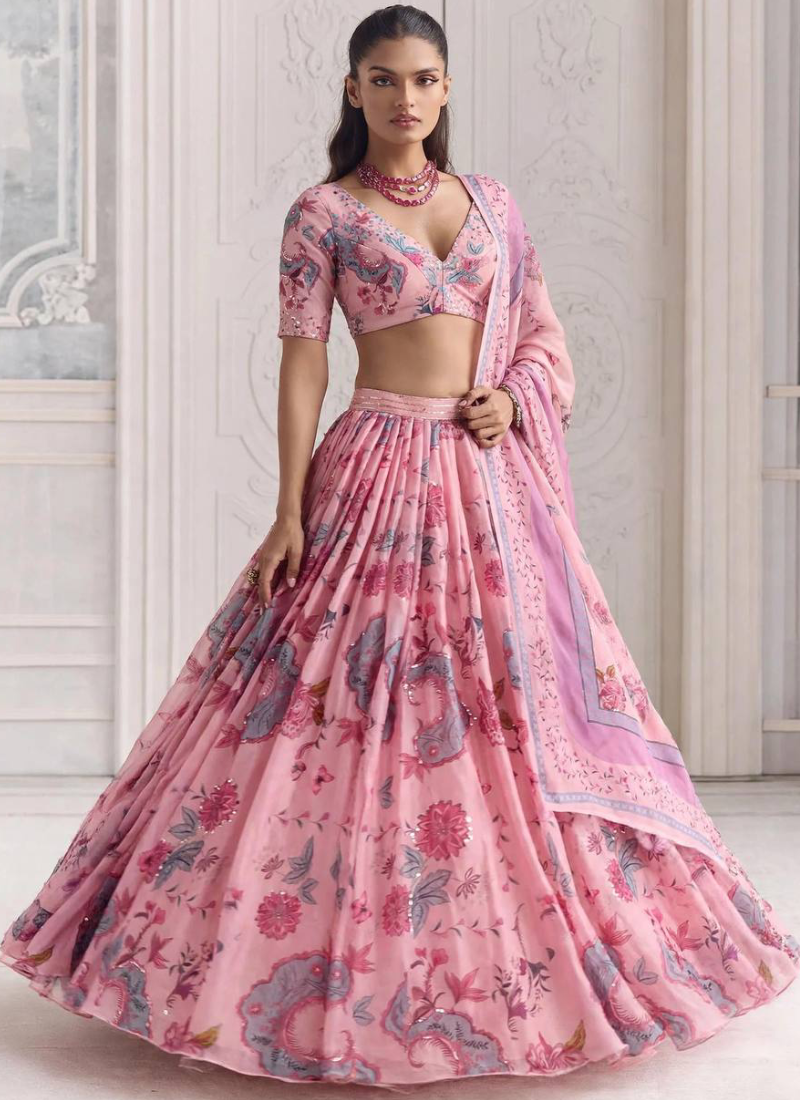 Georgette Pretty Pink Sequence Work Printed Lehenga Set For Bridesmaid