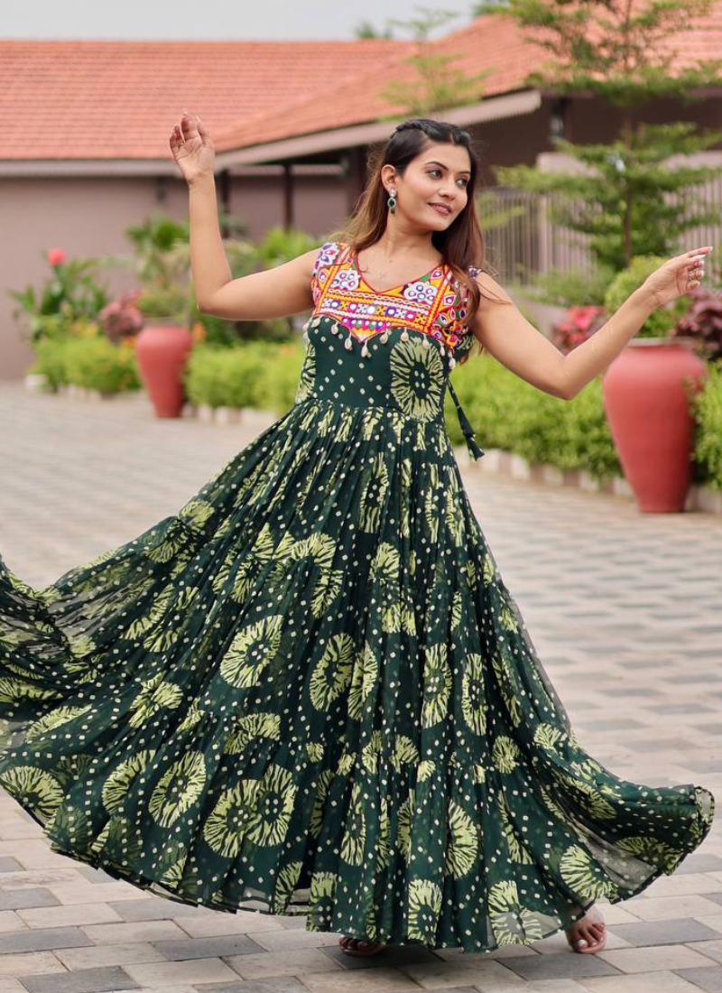 Georgette Real Mirror Gamthi Work Printed Dark Green Anarkali Gown