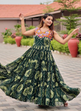Georgette Real Mirror Gamthi Work Printed Dark Green Anarkali Gown