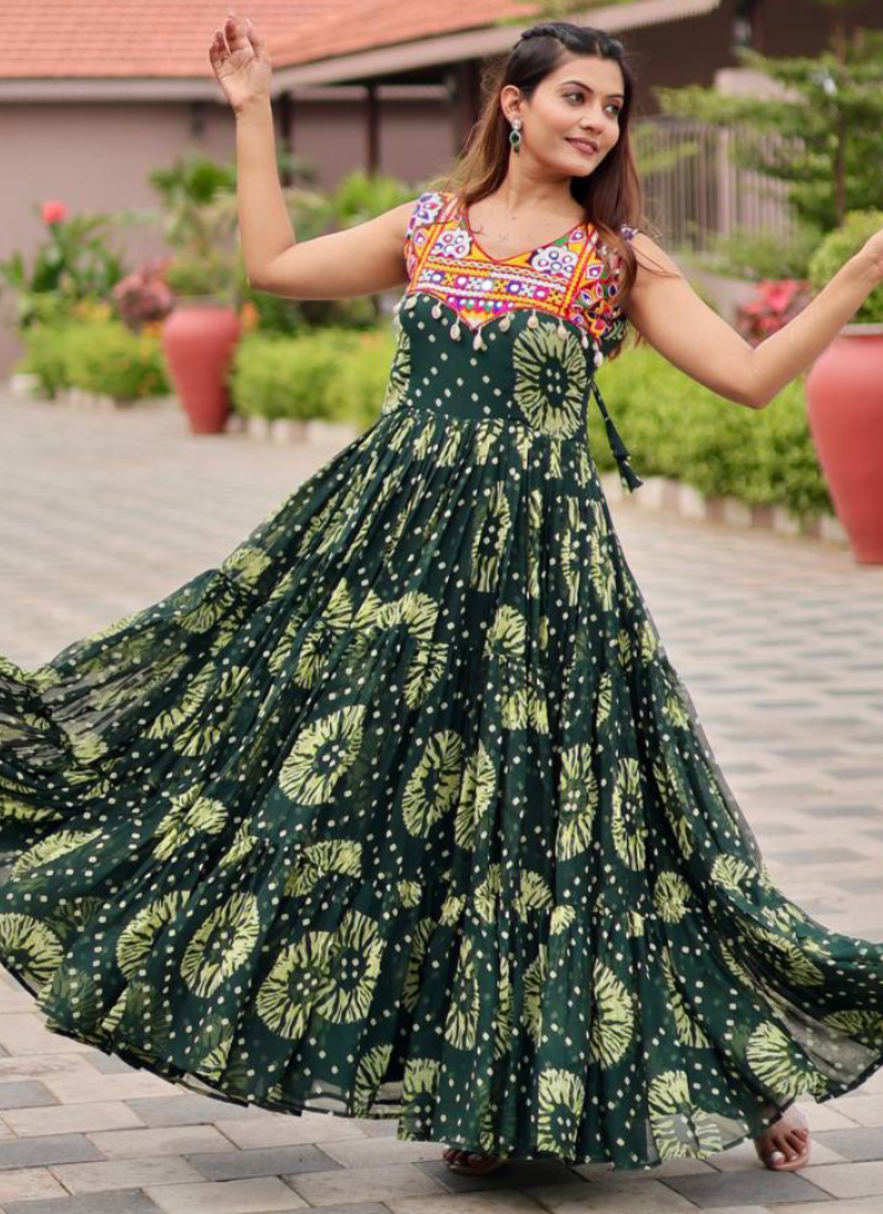 Georgette Real Mirror Gamthi Work Printed Dark Green Anarkali Gown