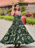 Georgette Real Mirror Gamthi Work Printed Dark Green Anarkali Gown