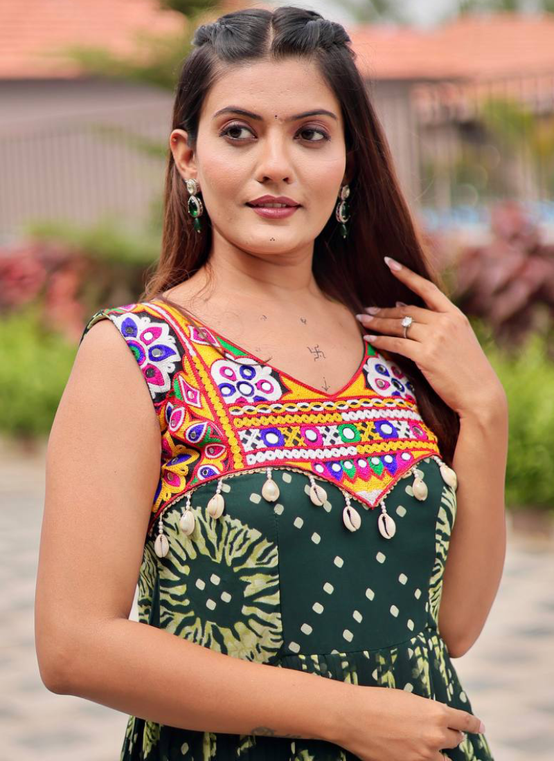 Georgette Real Mirror Gamthi Work Printed Dark Green Anarkali Gown