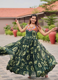 Georgette Real Mirror Gamthi Work Printed Dark Green Anarkali Gown