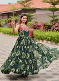 Georgette Real Mirror Gamthi Work Printed Dark Green Anarkali Gown