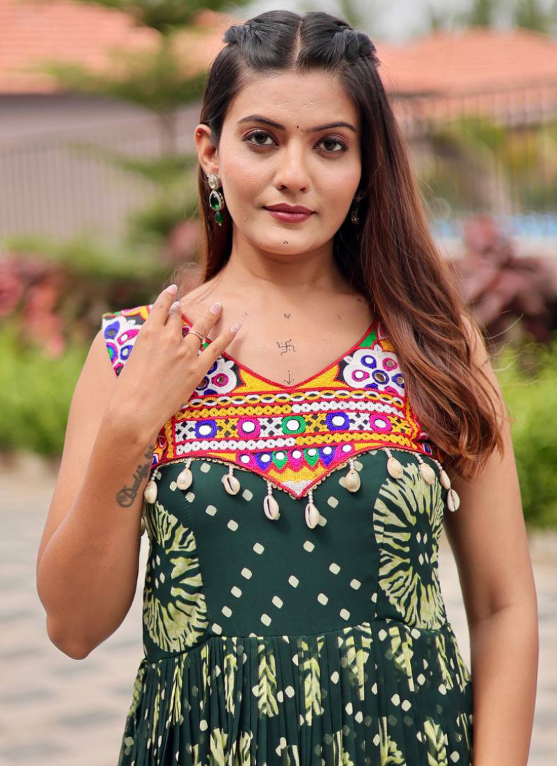 Georgette Real Mirror Gamthi Work Printed Dark Green Anarkali Gown